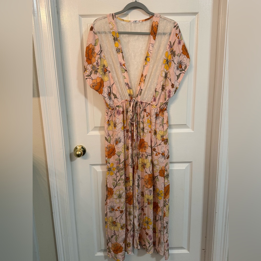3rd + Malt Maxi Floral Cover Up Duster Beach Bohemian Lace Sexy Swim Vacation Lg